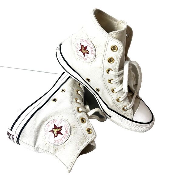 Converse All Star Hi-Top Ivory Canvas Sneaker Women's 7 Lace Up Shoes Gold Heart - Picture 1 of 11